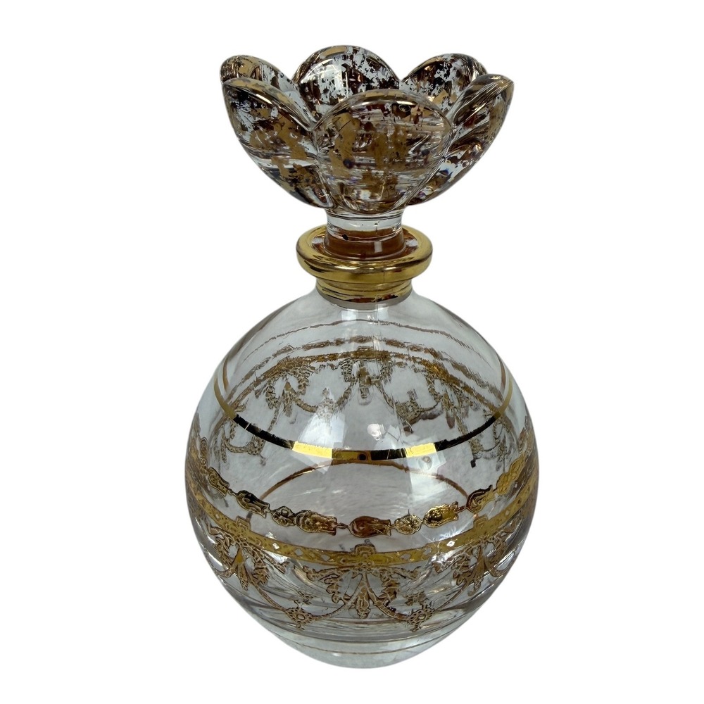 Royal Limited Italy 24% Lead Crystal Handpainted Gold Gilt Perfume Bottle Flower